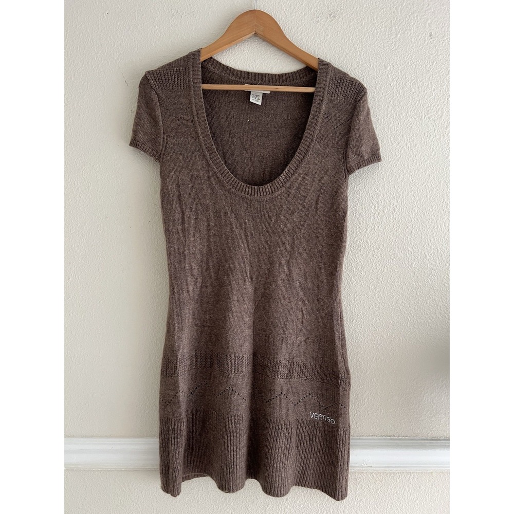 Vertigo Paris Y2K Brown Knit Mini Dress Size L (M) Scoop Neck Bodycon Coquette
